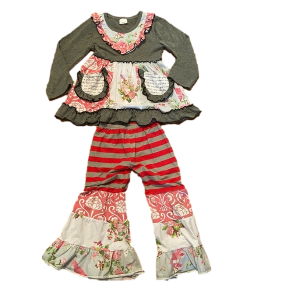 Unbranded Girls Pants And Top Set Mixed Prints L Age 4-5T Gray Pink Red